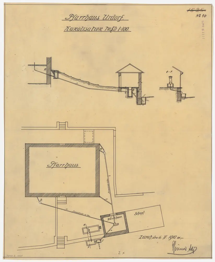 Urdorf: Pfarrhaus mit Waschhaus und Kanalisation; Grundriss und Querschnitte (Nr. 10)