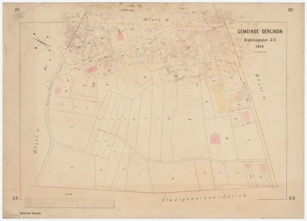 Oerlikon: Gemeinde; Kataster-Ergänzungspläne: Ergänzungsblatt 20: Gegend bei Allenmoosstrasse und Haldenstrasse; Situationsplan