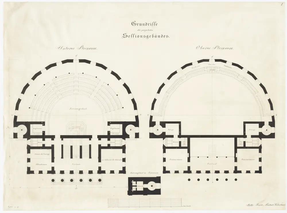 Projektiertes Grossratsgebäude zwischen Obmannamt und Hirschengraben: Projekt Recht, Freiheit, Vaterland; Unteres und oberes Stockwerk; Grundrisse (Nr. I)