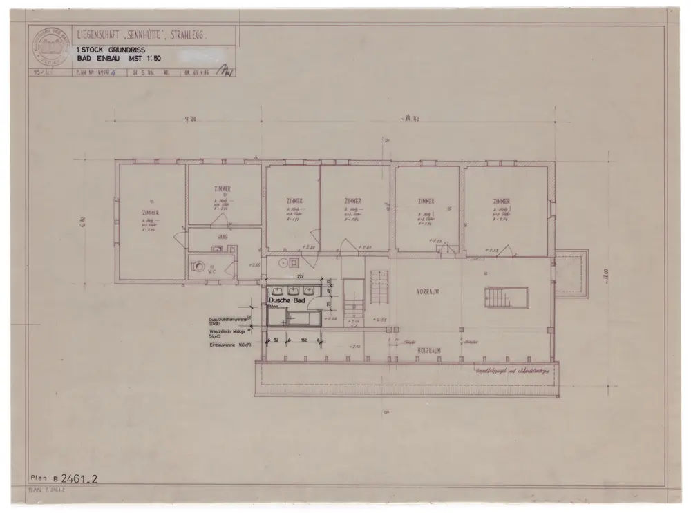 Fischenthal: Sennhütte Strahlegg: 1. Stock, Einbau eines Bads; Grundriss