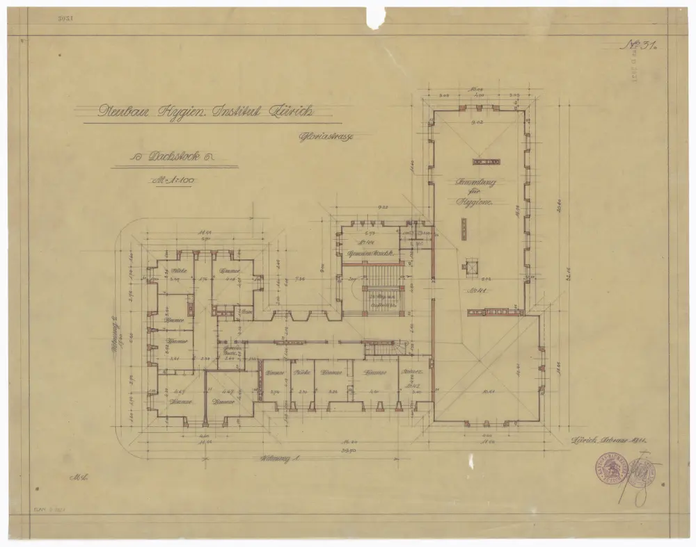 Hygiene-Institut, Neubau an der Gloriastrasse: Dachstock; Grundriss