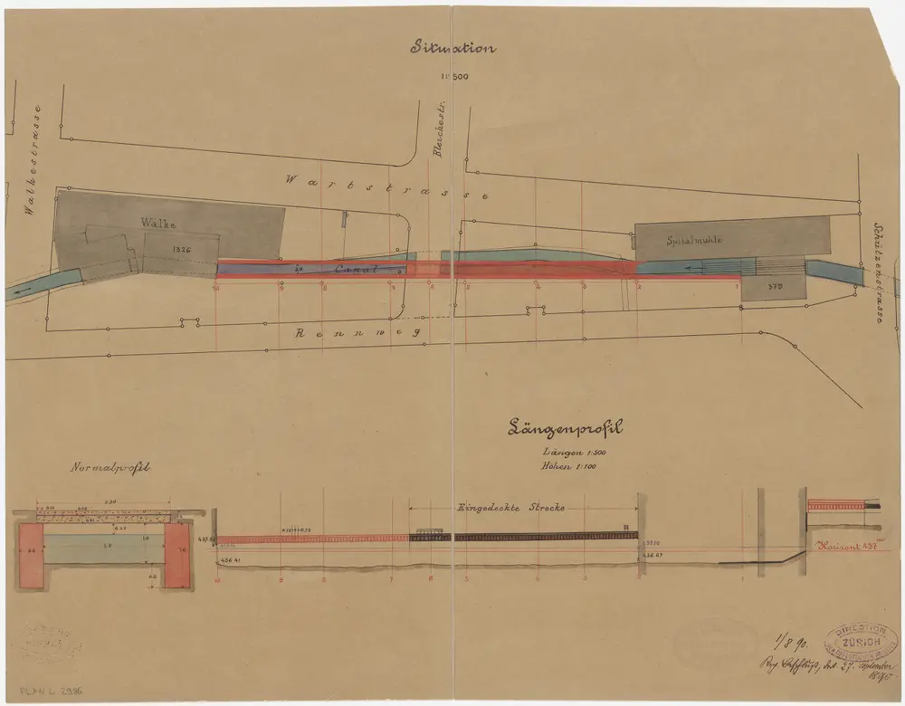 Winterthur: Von der Spitalmühle bis zur Walke zwischen Schützenstrasse und Walkestrasse, Korrektion des Eulachkanals; Situationsplan, Längsprofil und Normalprofil