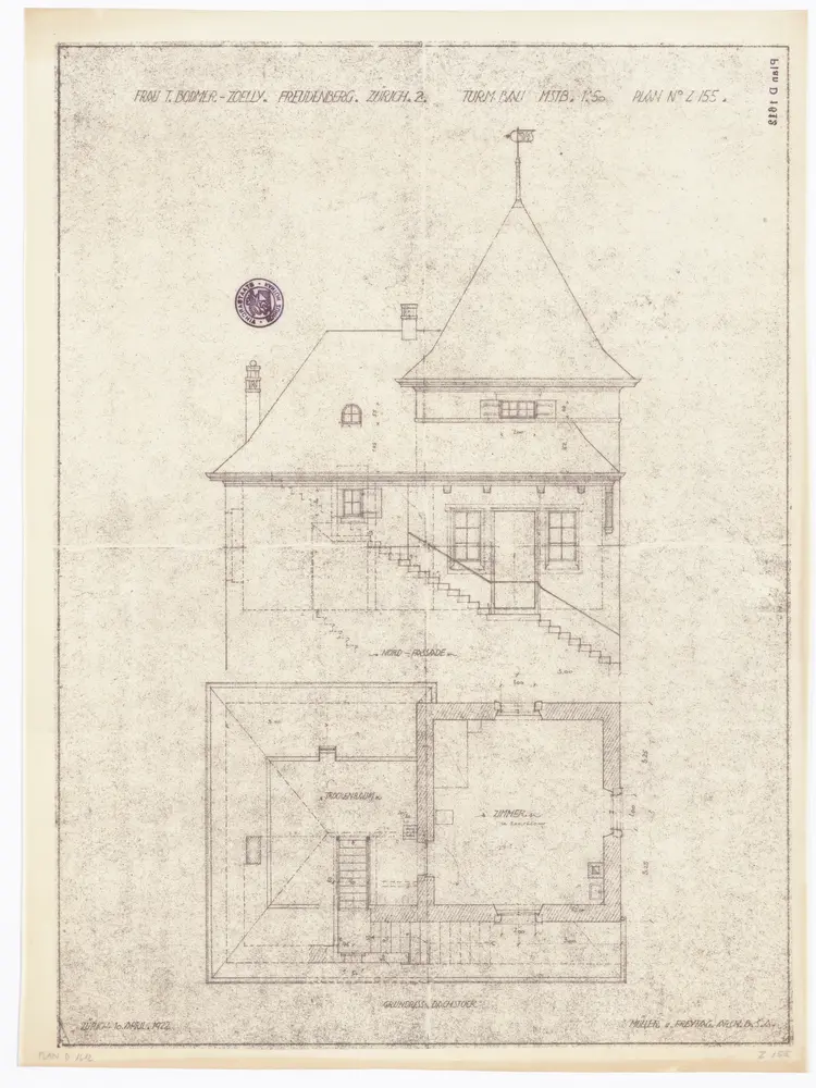 Freudenberg, Liegenschaft der Frau Bodmer-Zölly, Turmbau: Umbau; Nordansicht und Grundriss (Dachstock)