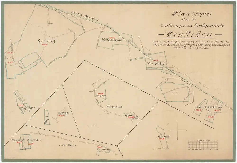 Trüllikon: Gemeindewaldung: Hebsack, In Bücken, Münchenloch, Chalberschwanz (Kalberschwanz), Martisbüel (Martisbühl, Martinsbühel), Krähenbuck, Chrummenrüti (Krummrüti), Fuchsbüel, Chrüzli (Im freien Kreuzli) Ob dem Weiher, Chämiwegli; Grundrisse