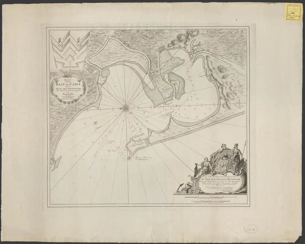 Kaart van de Baay van Cadix met de plans der fortificatien