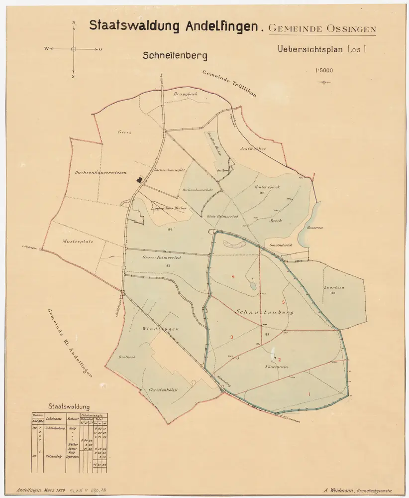 Ossingen: Staatswaldung: Schneitenberg, Käntenrain, Katzensteig; Übersichtsplan