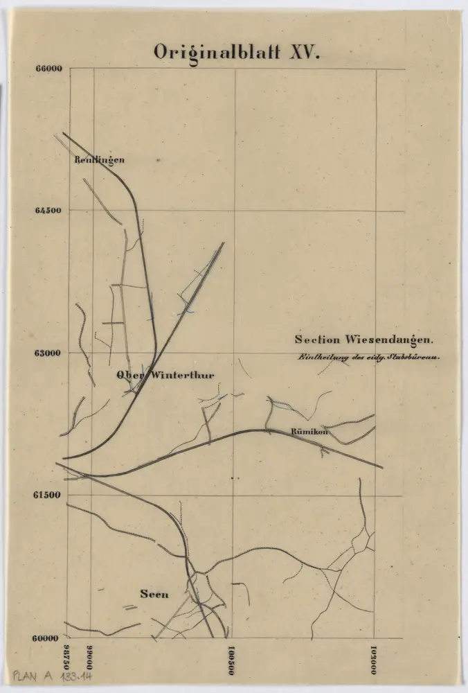 Vorlagen für die Topographische Karte des Kantons Zürich (Wild-Karte): Pausen mit Gewässern, Eisenbahn, Strassen: Originalblatt XV: Sektion Wiesendangen