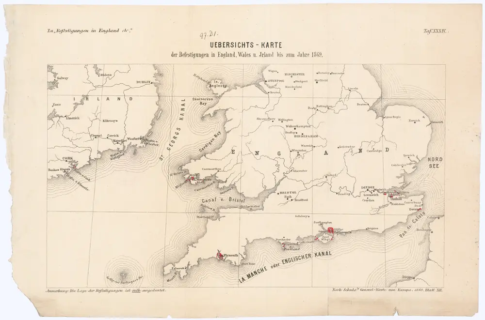 Uebersichts-Karte der Befestigungen in England, Wales u. Irland bis zum Jahre 1869