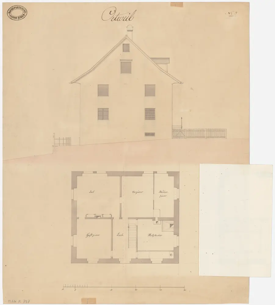 Oetwil am See: Pfarrhaus; Nordwestansicht und Grundriss des 1. Stocks (Nr. 5)