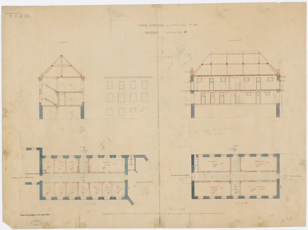 Pflegeanstalt Rheinau: Männerabteilung, Flügel II, 2. Stock; Grundrisse und Schnitte