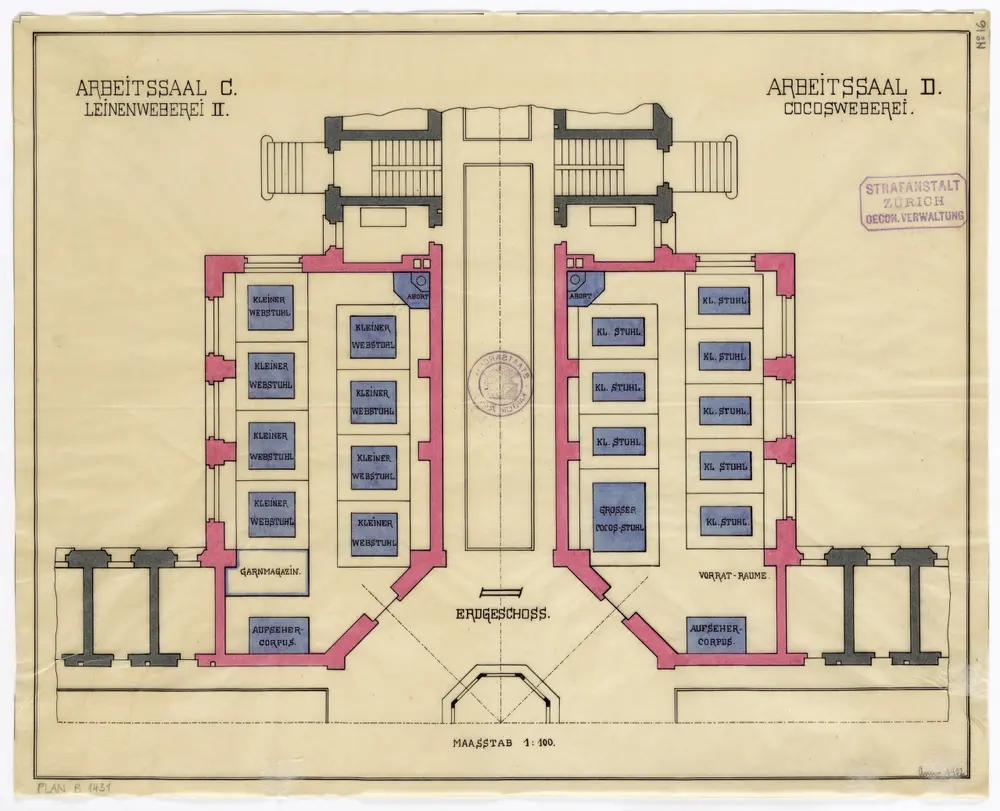 Regensdorf: Strafanstalt, Arbeitssäle C und D (Leinenweberei II und Kokosweberei); Grundriss (Nr. 16)