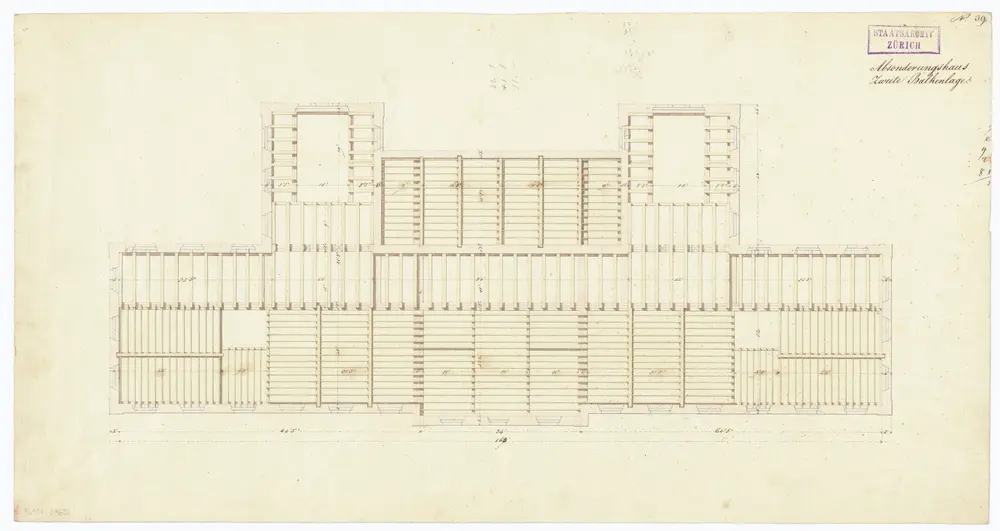 Kantonsspital Zürich, projektiertes Absonderungshaus, Oberstrass: Zweite Balkenanlage; Grundriss