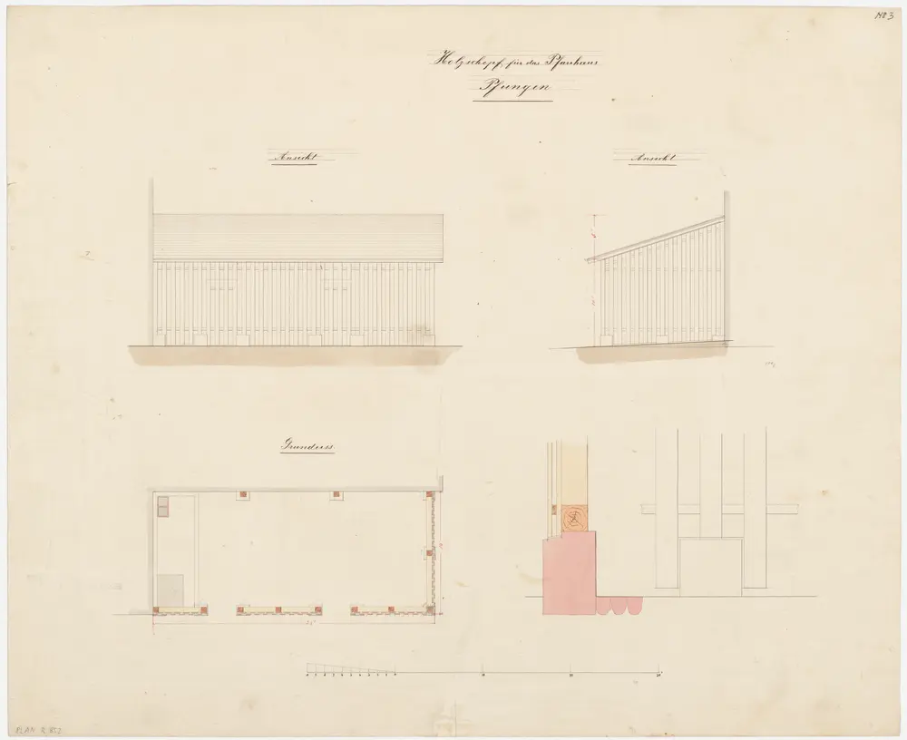 Pfungen: Holzschuppen; Grundriss, Ansichten und Detailansicht (Nr. 3)