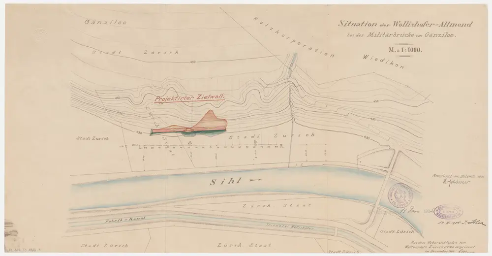 Zürich: Waffenplatz Zürich auf der Allmend, projektierter Zielwall bei der Militärbrücke im Gänziloo, abgeändertes Projekt: Grundriss (Nr. 3 a)