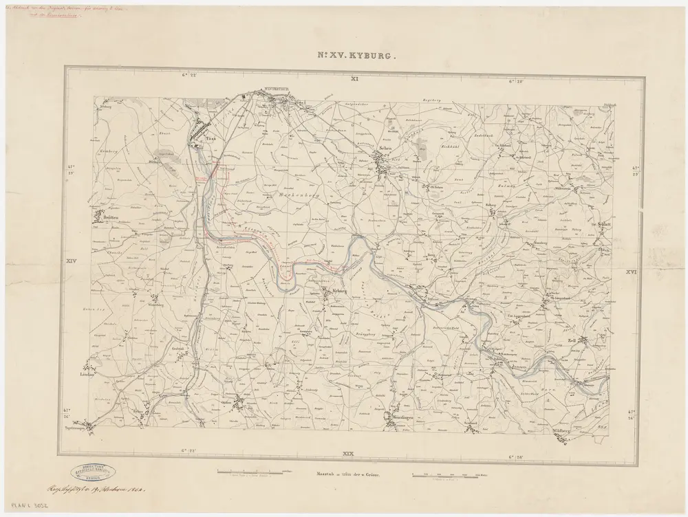 Winterthur, Töss: Von der Kyburgerbrücke bis zur Brücke der Schweizerischen Nordbahn SNB und der Schweizerischen Nordostbahn NOB, projektierte (nicht gebaute) Wasserwerke der Stadt Winterthur, der Herren Bühler und von Herrn Reinhard im Stadtwald Winterthur; Situationsplan