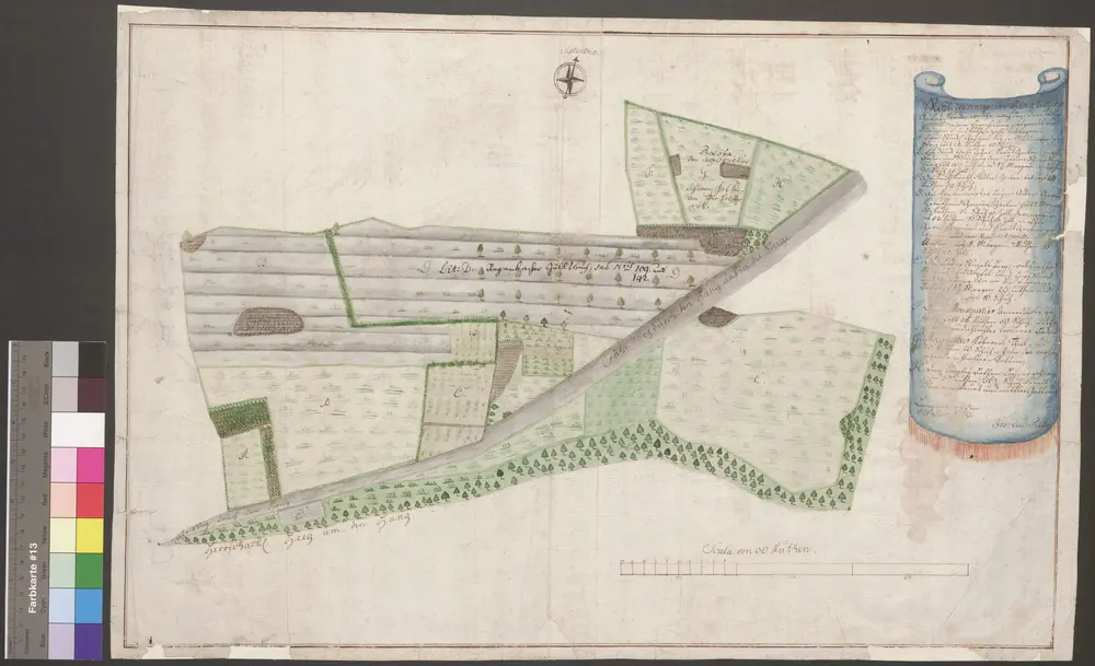 HZAN GA 100_Nr. 234_ : Langenburg; "Riß über einige im Hag liegende Güterstücke";Joh. Ludw. Rübel;30 Ruten = 22,5 cm;60 x 39 cm; Norden oben;Papier; Wasserfarben; Darstellung der Felder, Wege und Steinriegel.