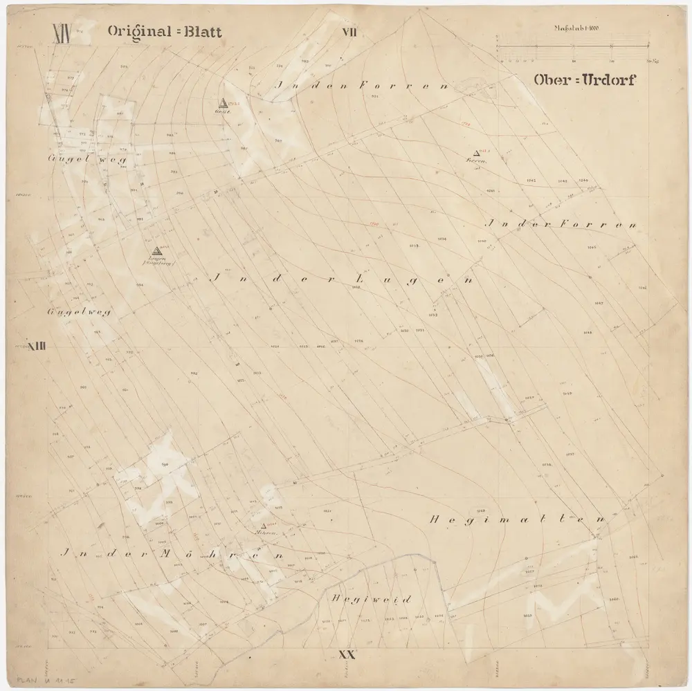 Oberurdorf: Gemeinde; Katasterpläne: Blatt XIV: Gugelweg, Forren, In der Luegen (Lugen), In der Mören, Hegiweid und Hegimatten; Situationsplan