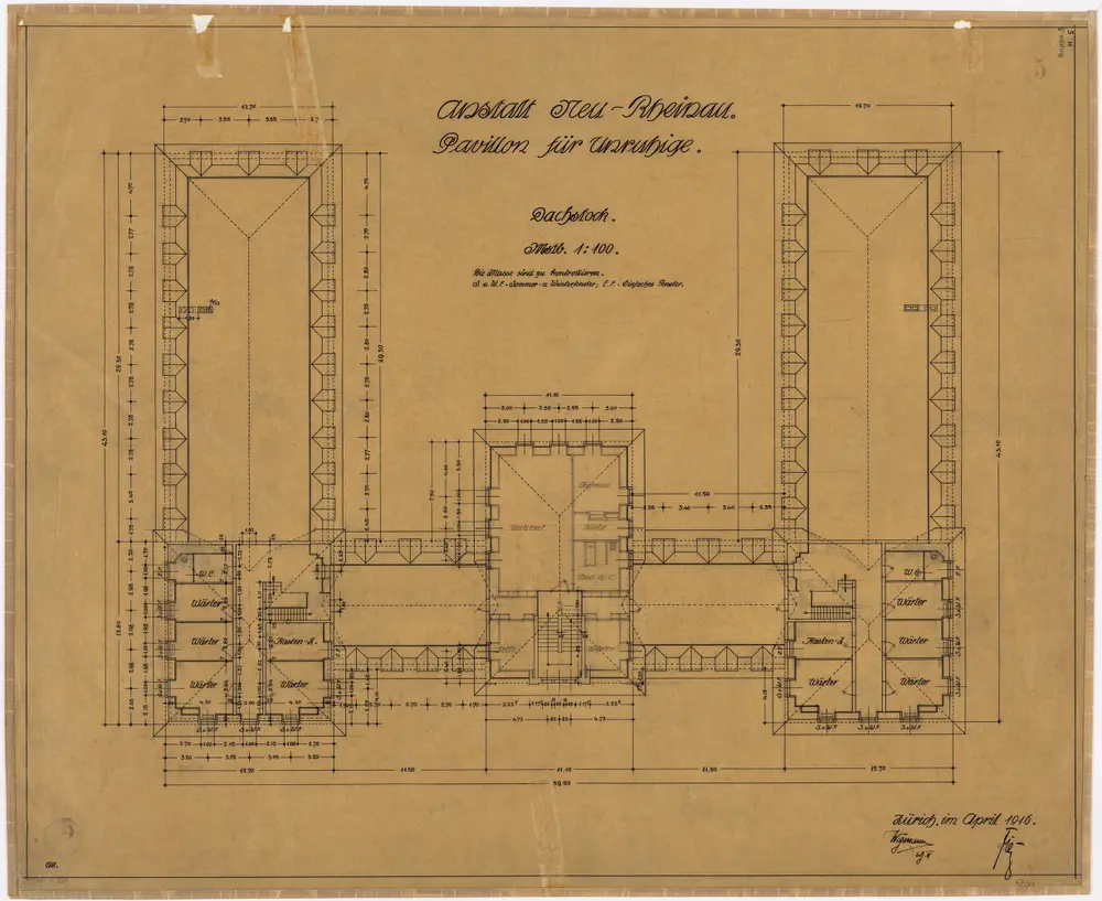 Pflegeanstalt Neu-Rheinau: Gebäude für Unruhige, Dachstock; Grundriss