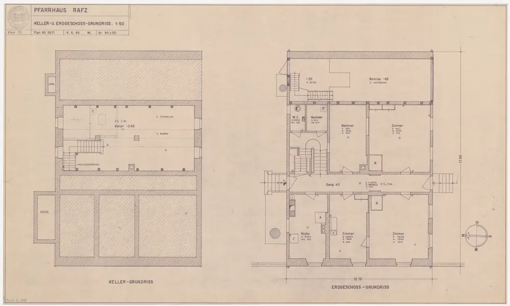 Rafz: Pfarrhaus, Keller und Erdgeschoss; Grundrisse