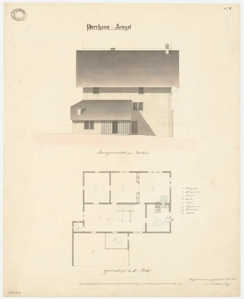 Aeugst am Albis: Pfarrhaus; Westansicht und Grundriss des 1. Stocks (Nr. 6)