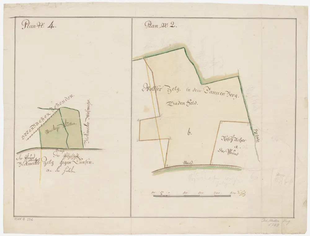 Obfelden: a) Strittige Matten bei der Bickwiler Zelge gegen Toussen; Grundriss (Nr. 4); b) Baderfeld genannte Wolsener Zelg im Tannenberg; Grundriss (Nr. 2)