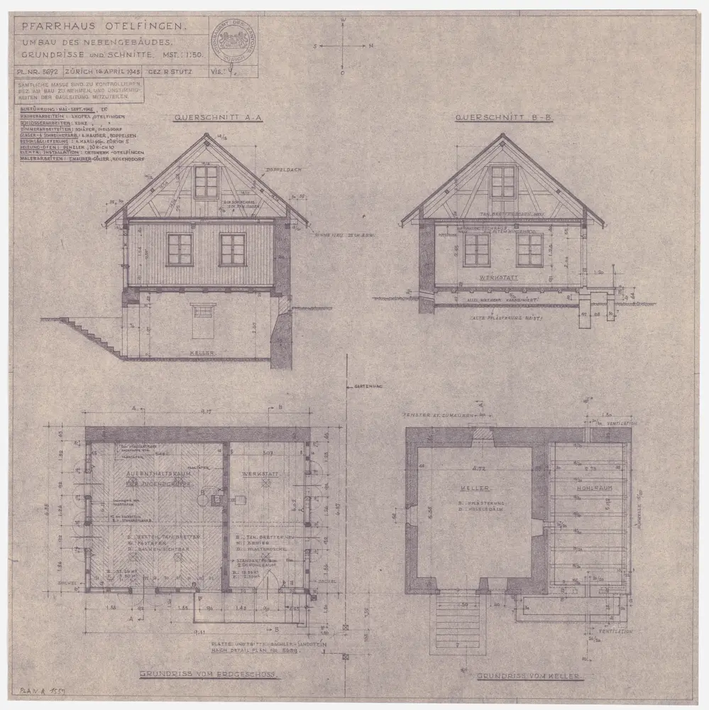 Otelfingen: Pfarrhaus; Grundrisse des Kellers und Erdgeschosses und Querschnitte