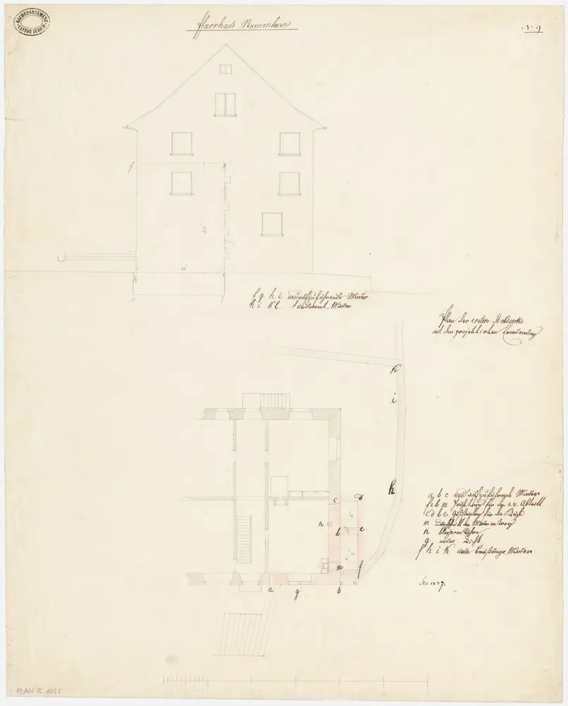 Unterstammheim: Pfarrhaus Stammheim, projektierte Erweiterung; Grundriss des 1. Stocks und Ansicht (Nr. 9)