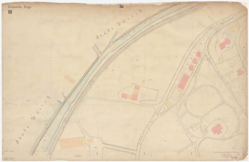 Enge: Gemeinde; Katasterpläne und Kataster-Ergänzungspläne: Blatt III: Gegend bei Brandschenkestrasse, Pianostrasse und Sihlkanal; Situationsplan