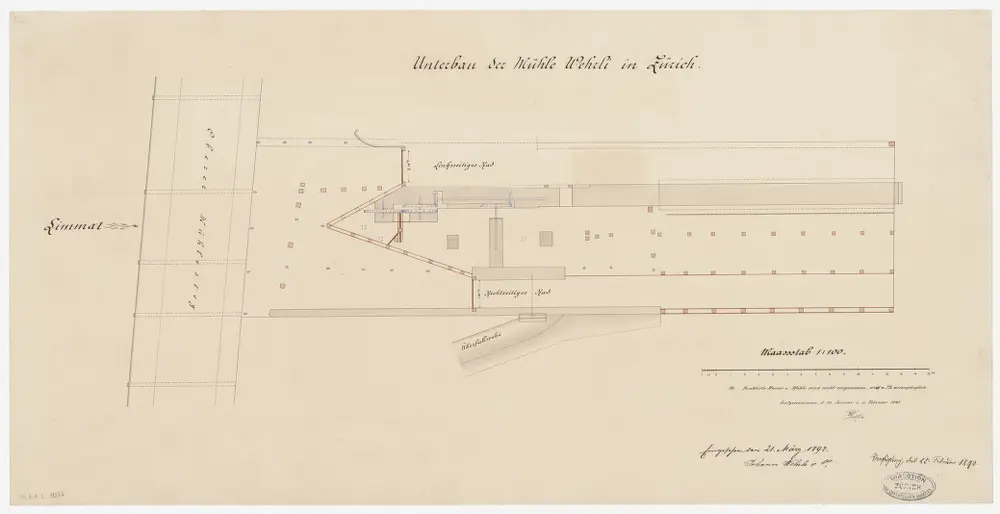 Zürich: Oberer Mühlesteg, Unterbau der Mühle Wehrli; Situationsplan und Grundriss (Zürichsee-Abfluss Nr. 148)