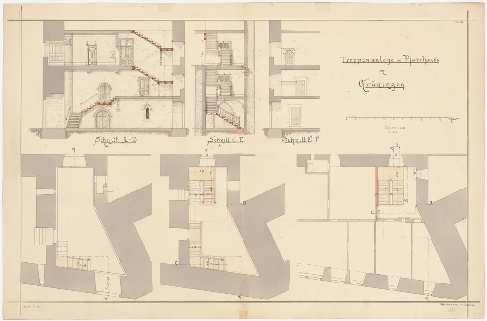 Grüningen: Pfarrhaus, Treppenanlage; Grundrisse und Querschnitte (Nr. 10)