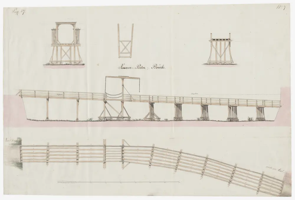 Oberstrass: Brücke bei der Kronenporte; Seitenansicht, Grundriss und Schnitte