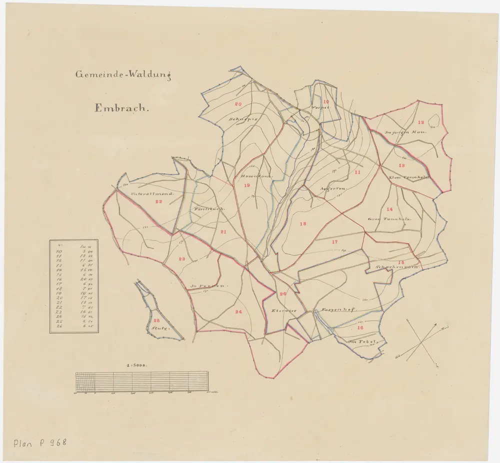 Embrach: Gemeindewaldungen Schuepis, Warpel, Ägerten, Im jungen Hau, Tannholz, Schachenrain, Tobel, Freienhof (Freyenhof), Hasentanz, Förlibuck (Förrlibuck), Foren (Forren), Ober- und Unteralmet (Allmend), Eberwisen (Eberwies), Stutz; Grundrisse