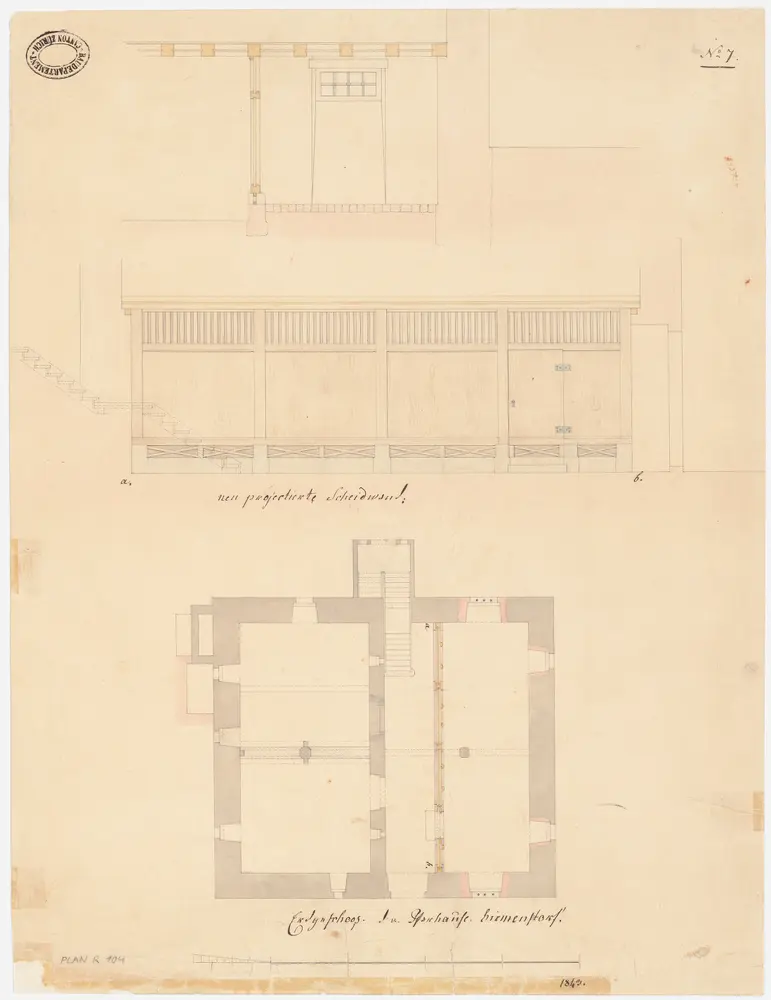 Birmensdorf: Pfarrhaus, projektierte Scheidwand im Erdgeschoss; Ansichten der Eingangstür und der Wand, Grundriss des Erdgeschosses (Nr. 7)