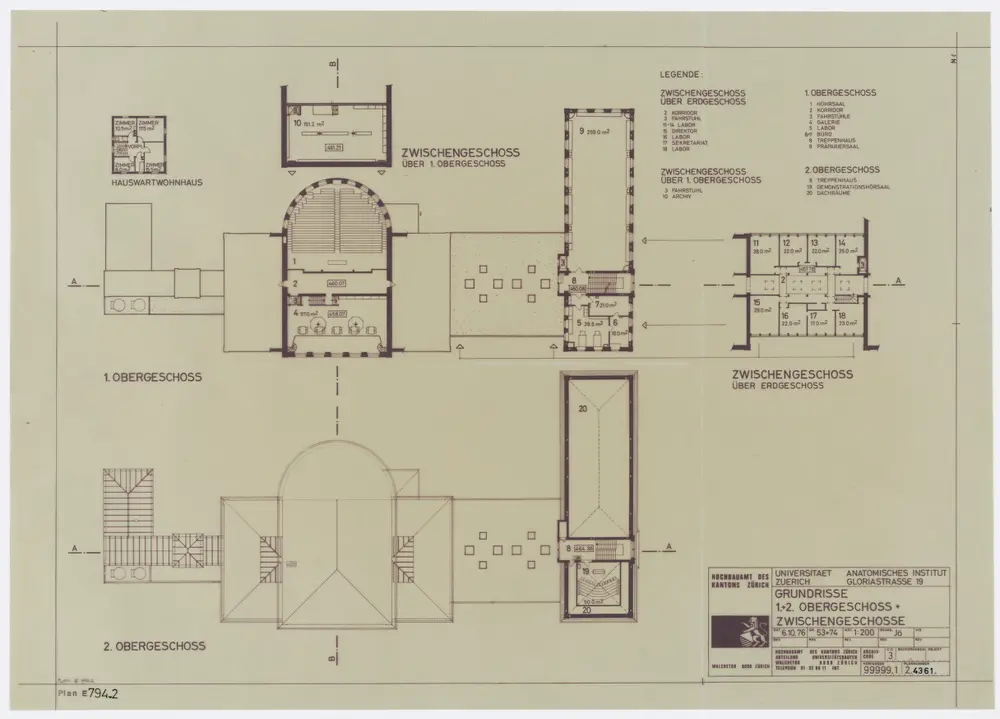 Zürich: Universität, Anatomie; Ansichten, Grundrisse und Schnitte: 1. und 2. Obergeschoss und Zwischengeschosse; Grundrisse