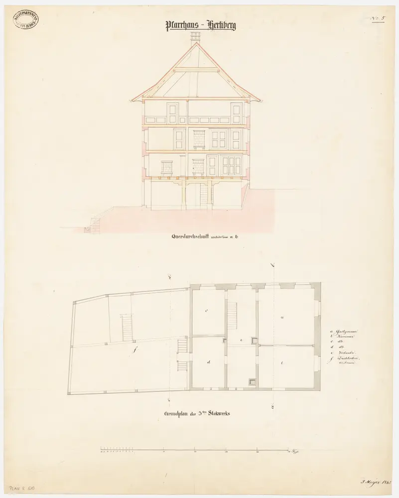 Herrliberg: Pfarrhaus; Querschnitt und Grundriss des 3. Stocks (Nr. 5)