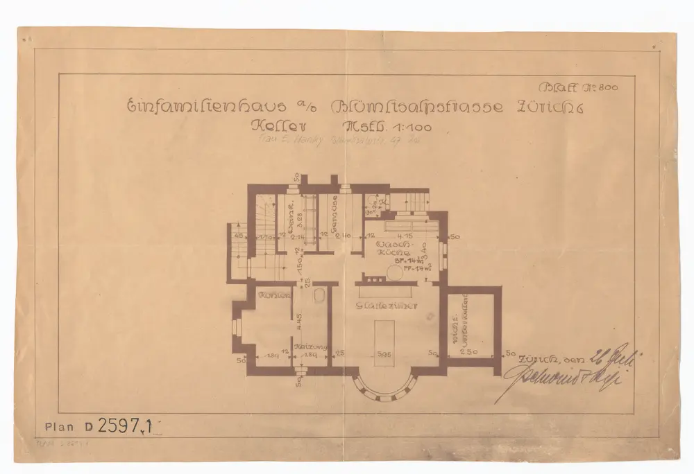 Einfamilienhaus von O. Hanky, Inspektor, Blümlisalpstrasse 47: Keller; Grundriss