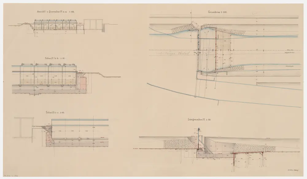 Dübendorf, Wallisellen: Zweites Projekt der Wehranlage im Neugut; Grundriss, Ansicht, Querschnitte und Längsschnitt (Glatt-Gebiet Nr. 73)