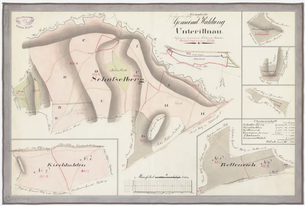 Illnau-Effretikon (damals Illnau): Gemeinde- und Genossenschaftswaldungen Oberillnau und Unterillnau: Gemeindewaldungen bzw. Genossenschaftswaldungen Unterillnau mit Schüsselberg, Chirchhalden (Kirchhalden), Retteneich, Talmatz (Thalmatz), Gmeindhölzli (Gemeindhölzli), Grienen, Bachtel; Grundrisse