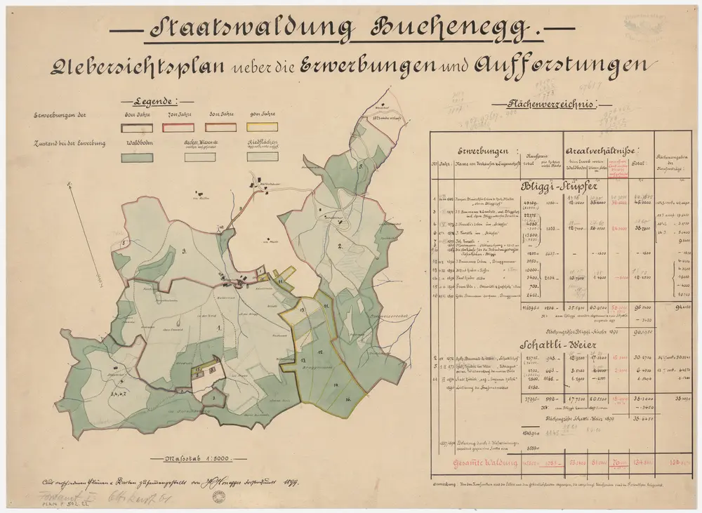 Stallikon, Adliswil, Aeugst am Albis, Langnau am Albis: Staatswaldung Buechenegg: Stallikon, Adliswil, Aeugst am Albis: Erwerbungen und Aufforstungen in den Waldungen Schattli, Weier, Bliggi, Stüpfer; Grundriss