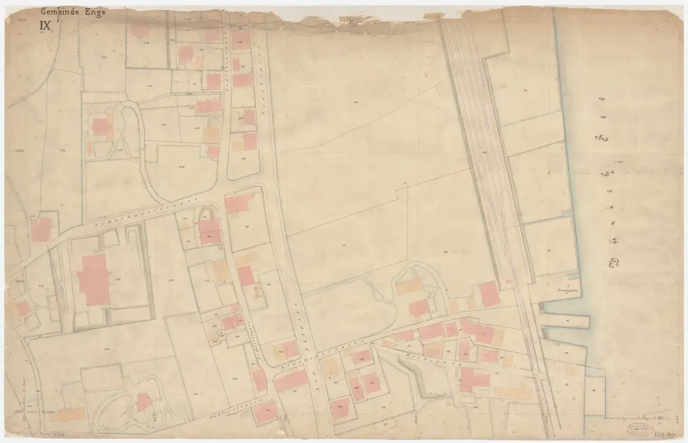 Enge: Gemeinde; Katasterpläne und Kataster-Ergänzungspläne: Blatt IX: Gegend bei Schulhausstrasse, Seestrasse, Gablerstrasse, Sternenstrasse und Zürichsee; Situationsplan