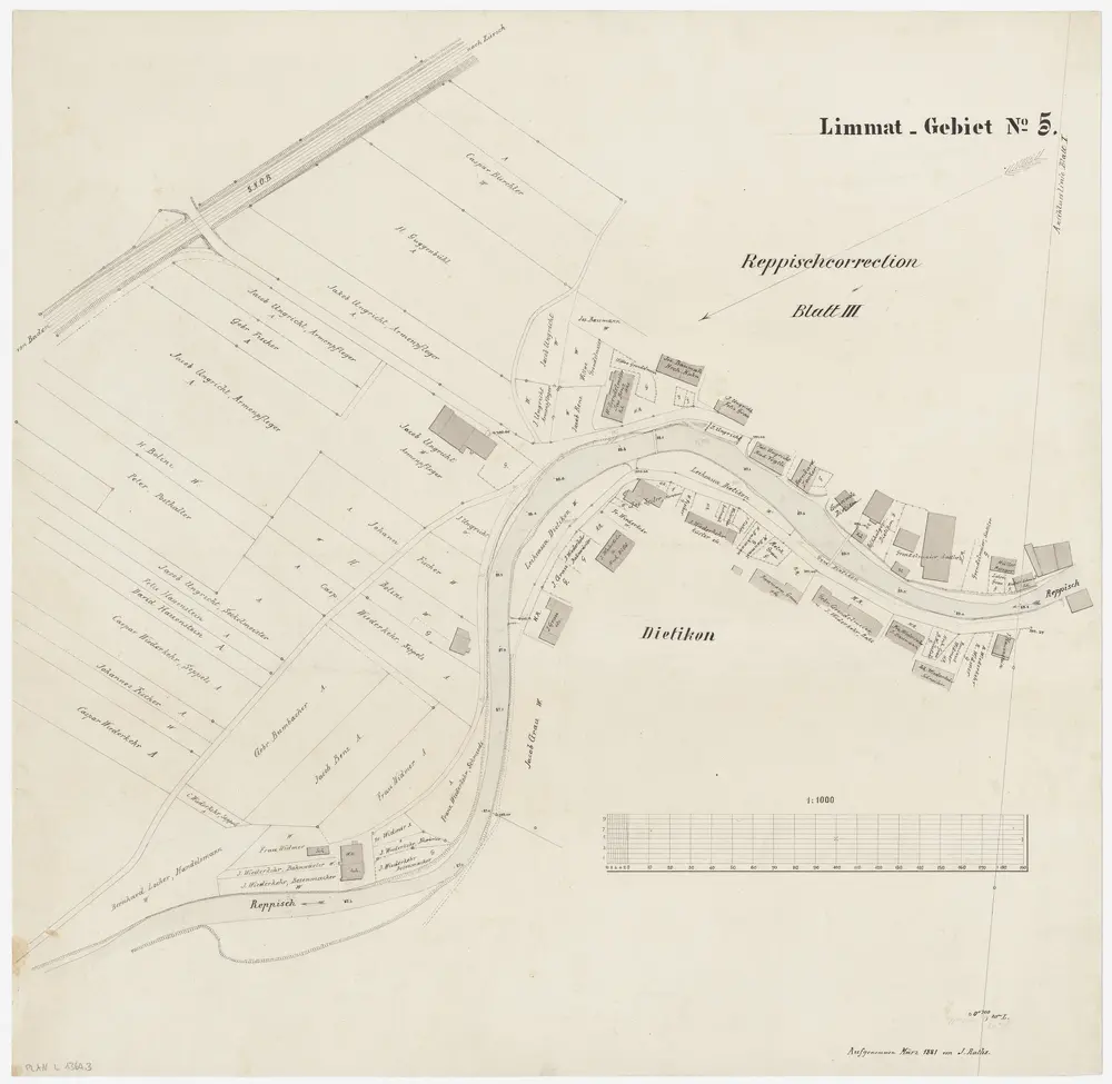 Dietikon: Vom Wehr des Mühlekanals Oberdorf bis oberhalb der Eisenbahnbrücke, Reppischkorrektion: Blatt 3: Reppischkorrektion; Situationsplan (Limmat-Gebiet Nr. 5)