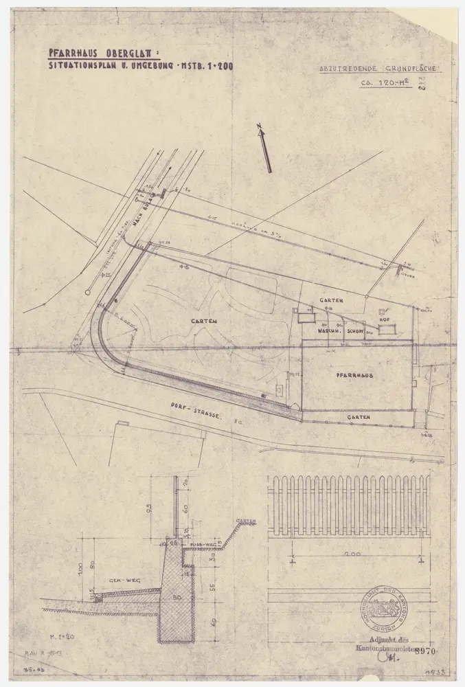 Oberglatt: Pfarrhaus und Umgebung; Grundriss des Pfarrhauses sowie Querschnitt und Ansicht des Gehwegs und der Pfarrgartenmauer mit Gartenzaun