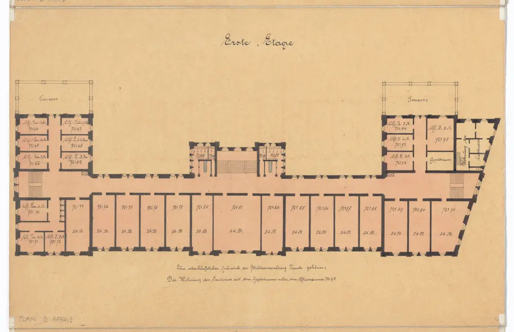 Kaserne und Kriegskommisariat: Grundrisse: 1. Stock; Grundriss