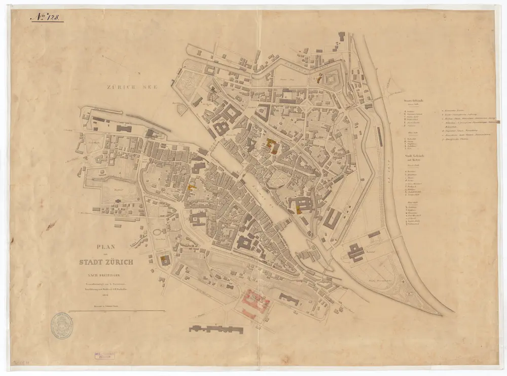 Plan der Stadt Zürich mit dem projektierten neuen Hauptgebäude sowie den aktuellen Standorten der Abteilungen der Universität Zürich und der Eidgenössischen Technischen Hochschule ETH