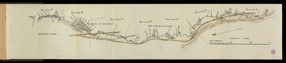 Planos de la Acequia Condal y sus minas: Minas de aguas potables en el río Besós, juridisdicción de Moncada, para la acequia condal y abastecimiento de Barcelona (plano general) i plànol de seccions