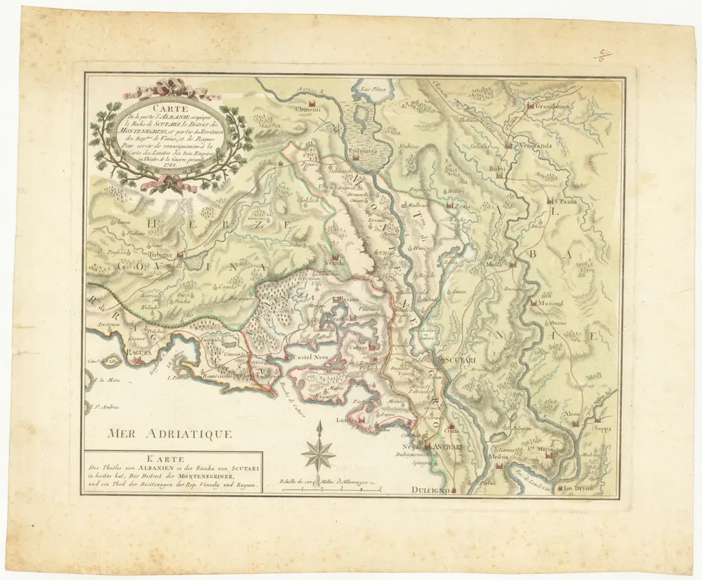 Carte de la partie d'Albanie occupé par le Bacha de Scutari. le District des Montenegrins, et partie des territoires des Rep. de Venise, et de Raguse