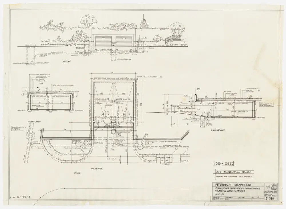 Männedorf: Pfarrhaus, Einbau einer überdeckten Doppelgarage: Grundriss, Ansicht, Längs- und Querschnitt