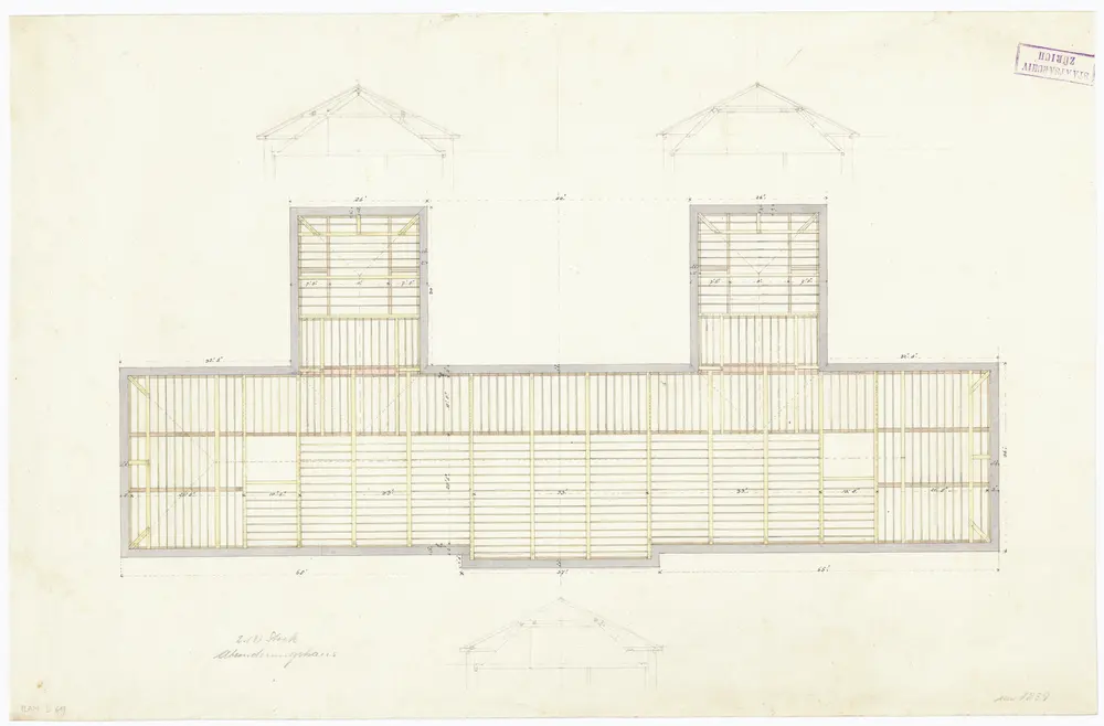 Kantonsspital Zürich, projektiertes Absonderungshaus, Oberstrass: Dachstock, Balkenlage; Grundriss und Querschnitte