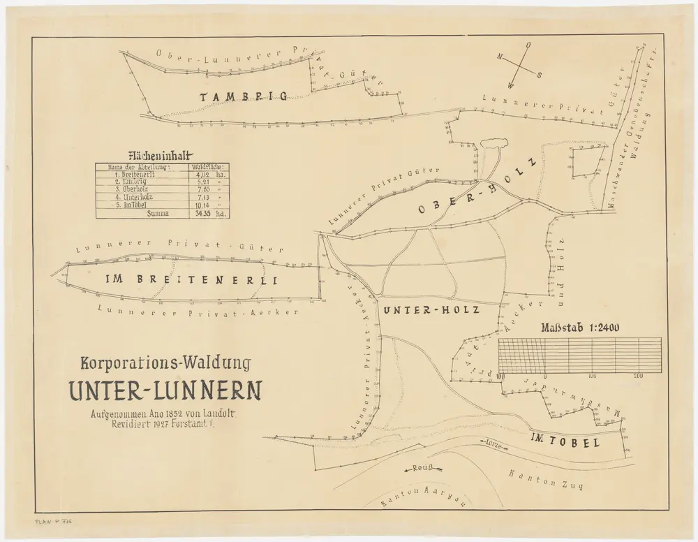 Obfelden: Genossenschaftswaldung Unterlunnern mit Tambrig, Oberholz, Breitenerli, Unterholz, Tobel; Grundriss