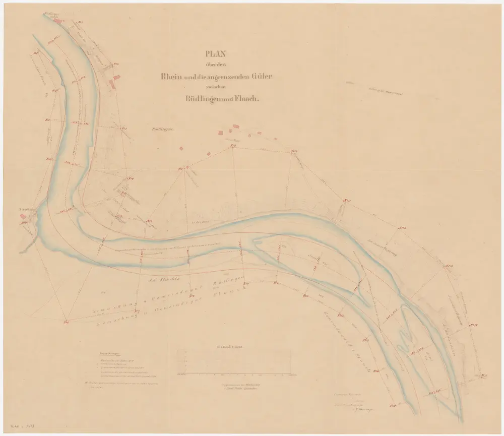 Flaach, Rüdlingen SH: Rhein von unterhalb Ellikon am Rhein bis zur Mühle Rüdlingen, projektierte Korrektion, samt angrenzenden Gütern; Situationsplan